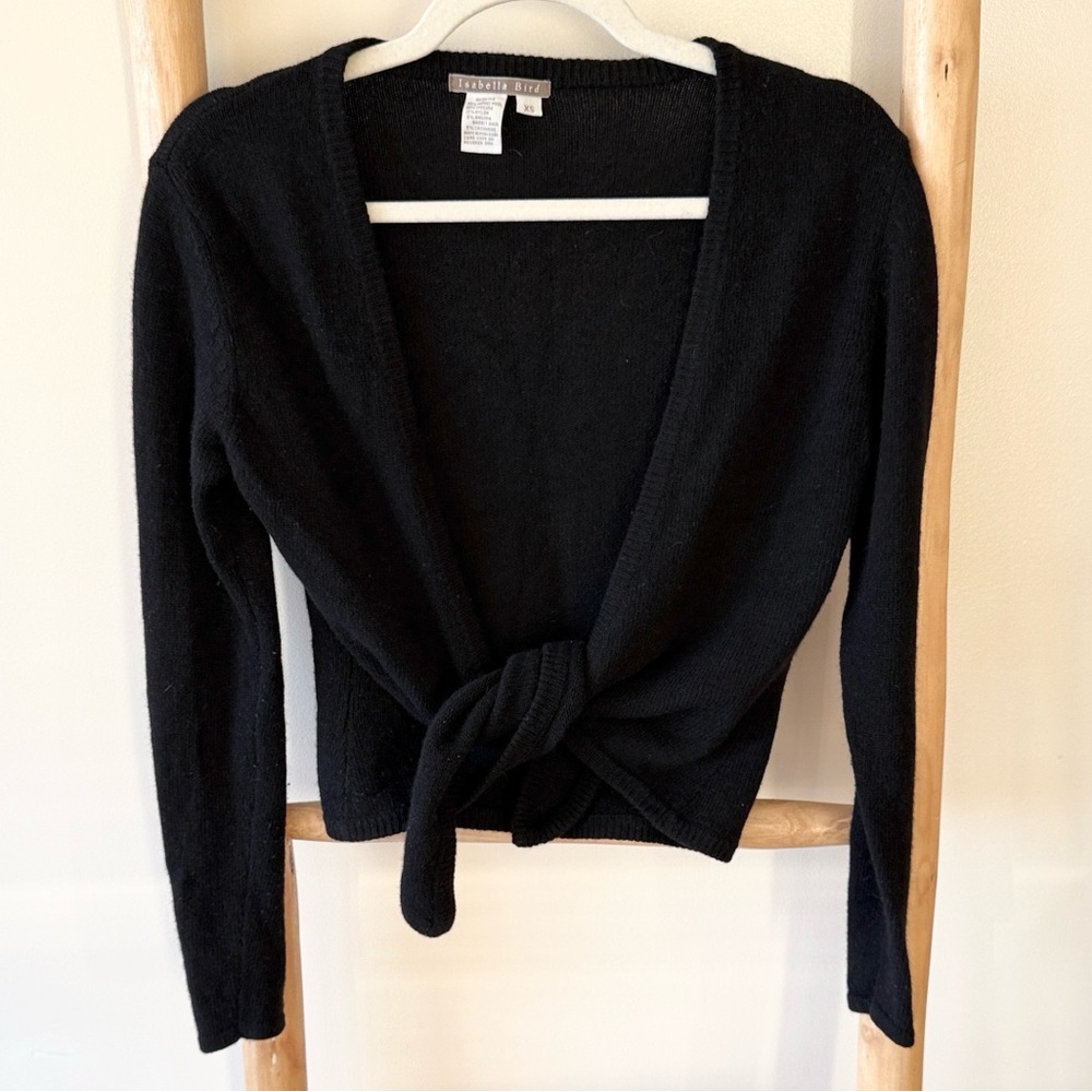 Isabella Bird Vintage Black Wool Angora Cashmere Tie Front Knit Cardi Sweater XS